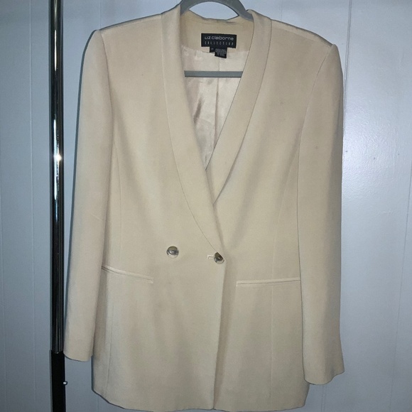 Liz Claiborne cream silk double breasted jacket Sz 10 Lagenlook tuxedo collar - Picture 1 of 5